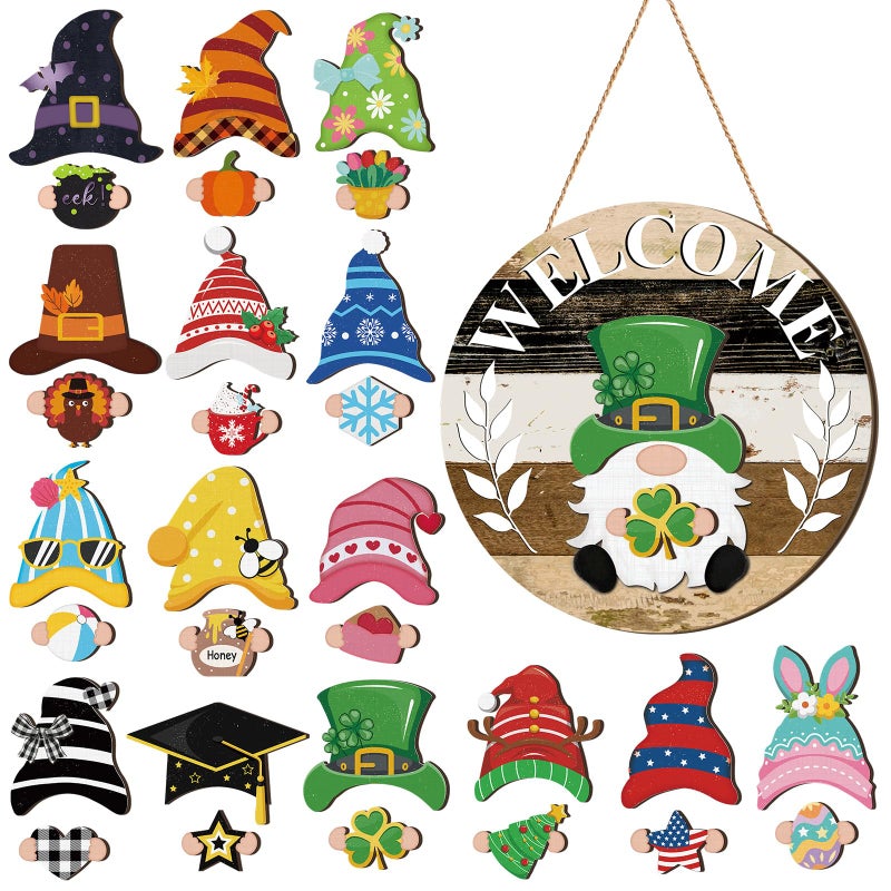 Qunclay Interchangeable Wooden Gnome Decor Holiday Seasonal Gnome Decorations with Magnet Pieces and Detachable Hats Changeable Welcome Sign for Home(Black White Grey) - Image 1