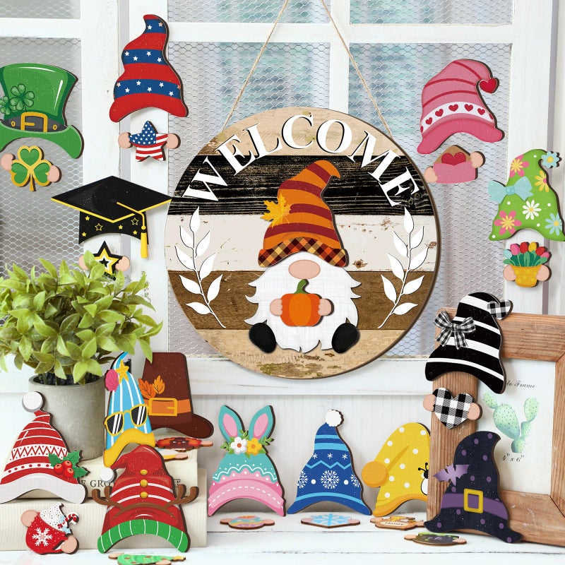 Qunclay Interchangeable Wooden Gnome Decor Holiday Seasonal Gnome Decorations with Magnet Pieces and Detachable Hats Changeable Welcome Sign for Home(Black White Grey) - Image 4