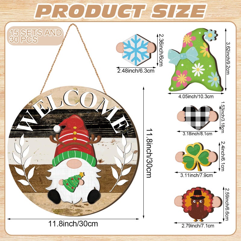 Qunclay Interchangeable Wooden Gnome Decor Holiday Seasonal Gnome Decorations with Magnet Pieces and Detachable Hats Changeable Welcome Sign for Home(Black White Grey) - Image 2