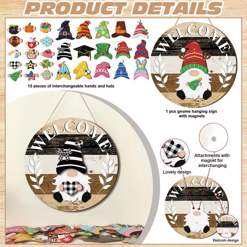Qunclay Interchangeable Wooden Gnome Decor Holiday Seasonal Gnome Decorations with Magnet Pieces and Detachable Hats Changeable Welcome Sign for Home(Black White Grey) - Image 3