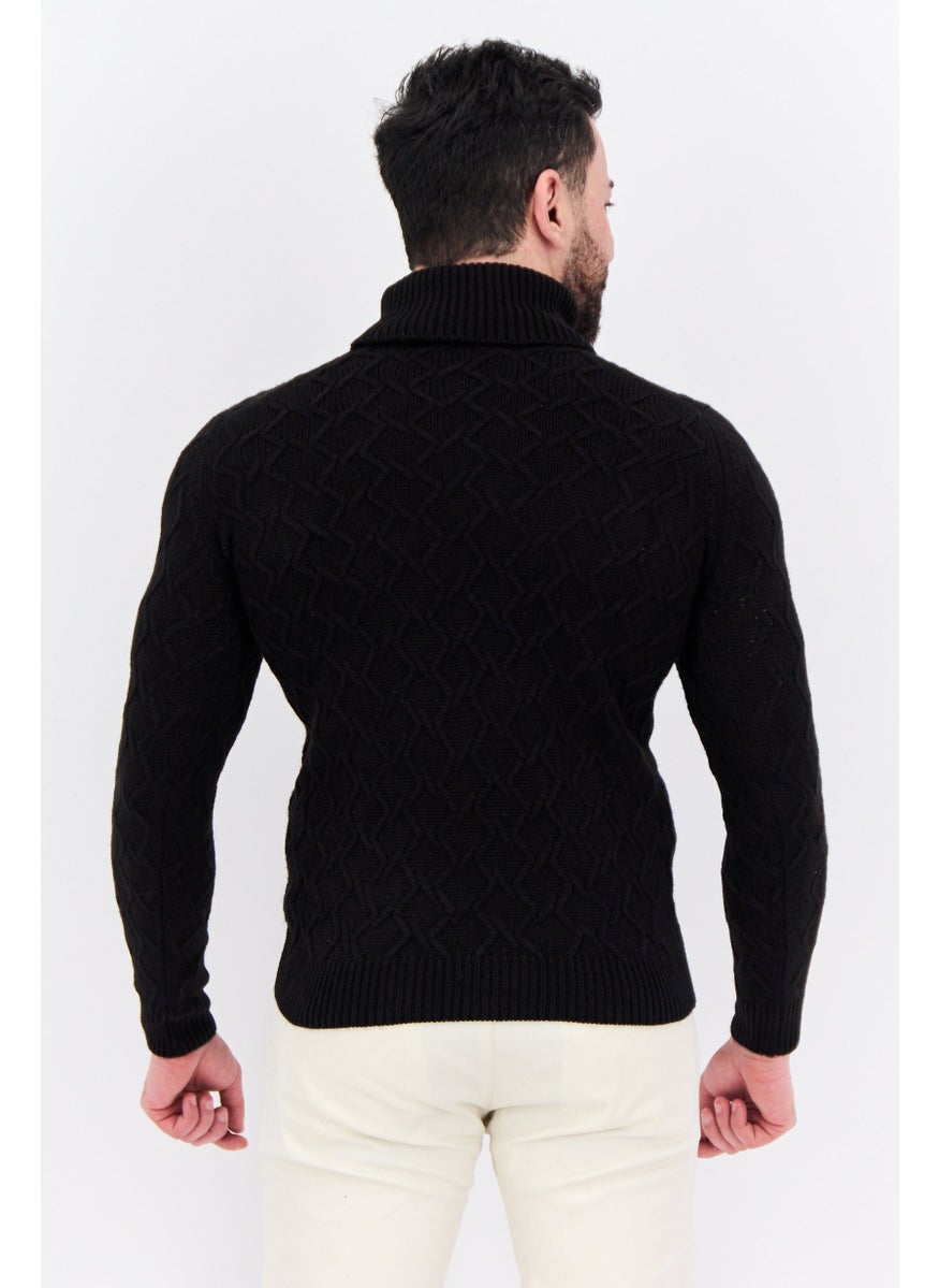 Sorbino - Men Funnel Neck Pointelle Sweater, Black - Image 1