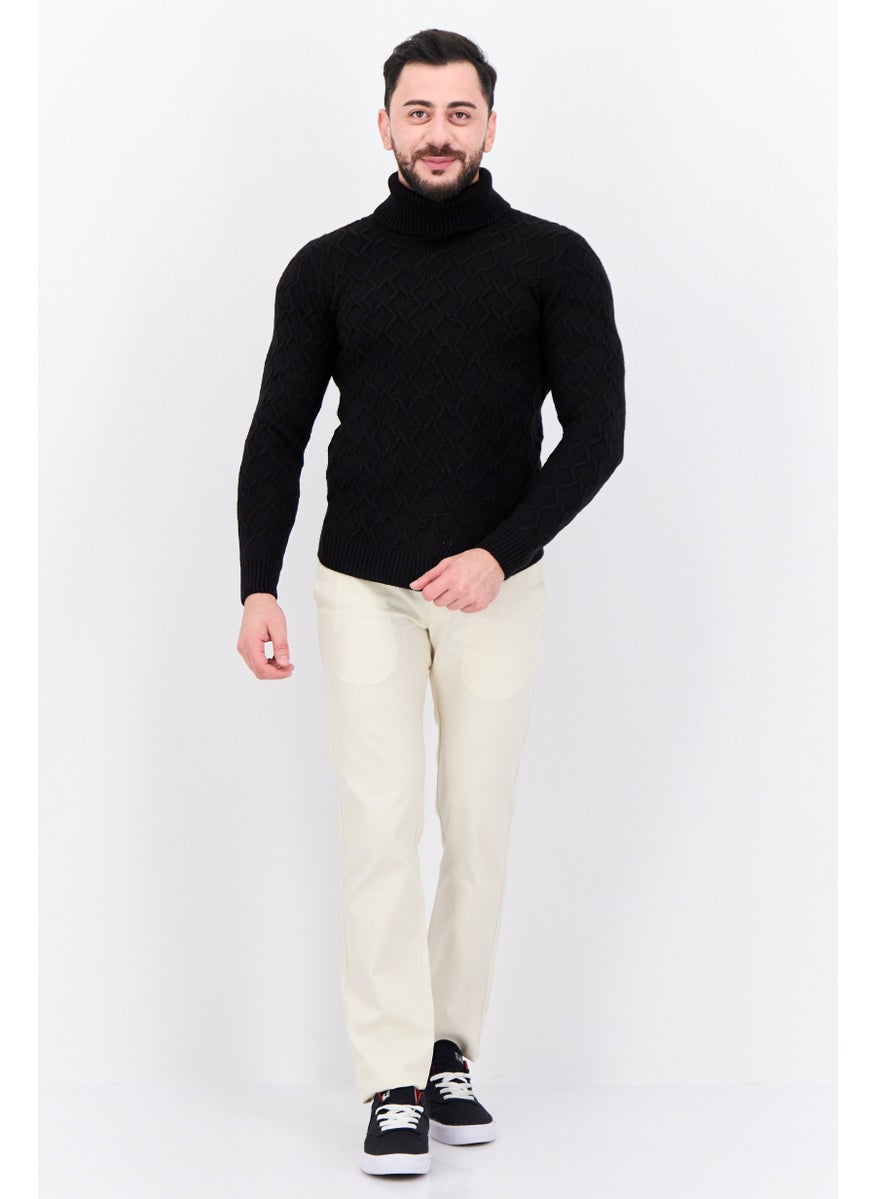 Sorbino - Men Funnel Neck Pointelle Sweater, Black - Image 1