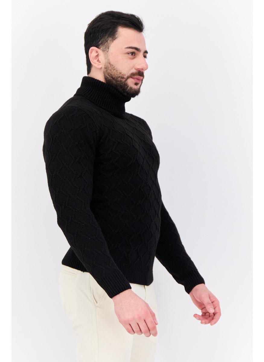 Sorbino - Men Funnel Neck Pointelle Sweater, Black - Image 1