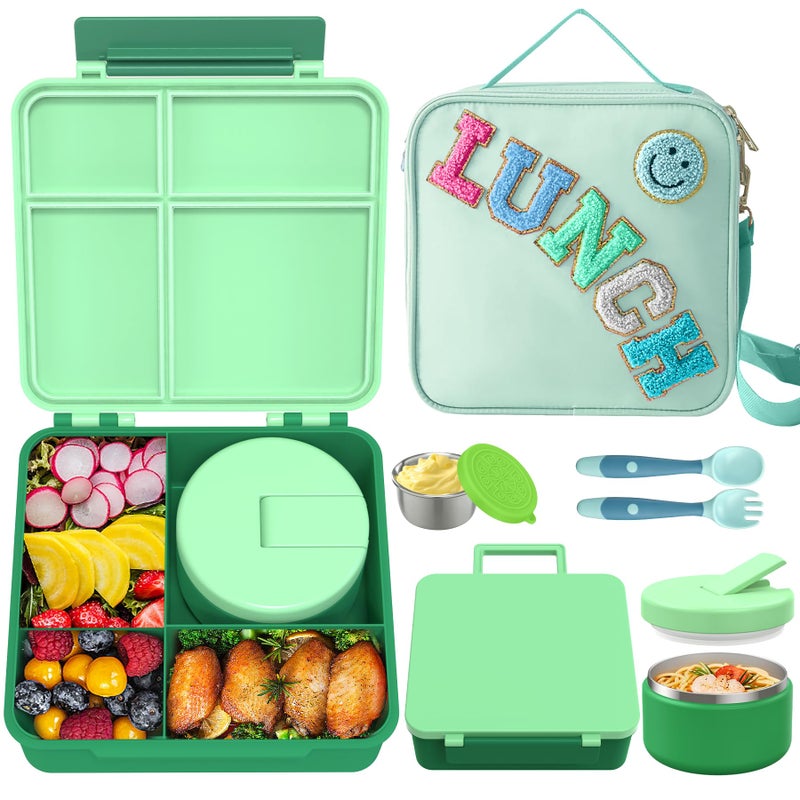 Aimsnk Kids Bento Lunch Box with 8oz Soup Thermo, Kids Leakproof Lunch Food Containers with 4 Compartment,Insulated Hot Food Jar with Lunch Bag for School, Travel (Green) - Image 1