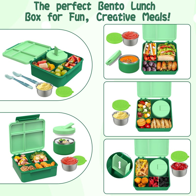 Aimsnk Kids Bento Lunch Box with 8oz Soup Thermo, Kids Leakproof Lunch Food Containers with 4 Compartment,Insulated Hot Food Jar with Lunch Bag for School, Travel (Green) - Image 2