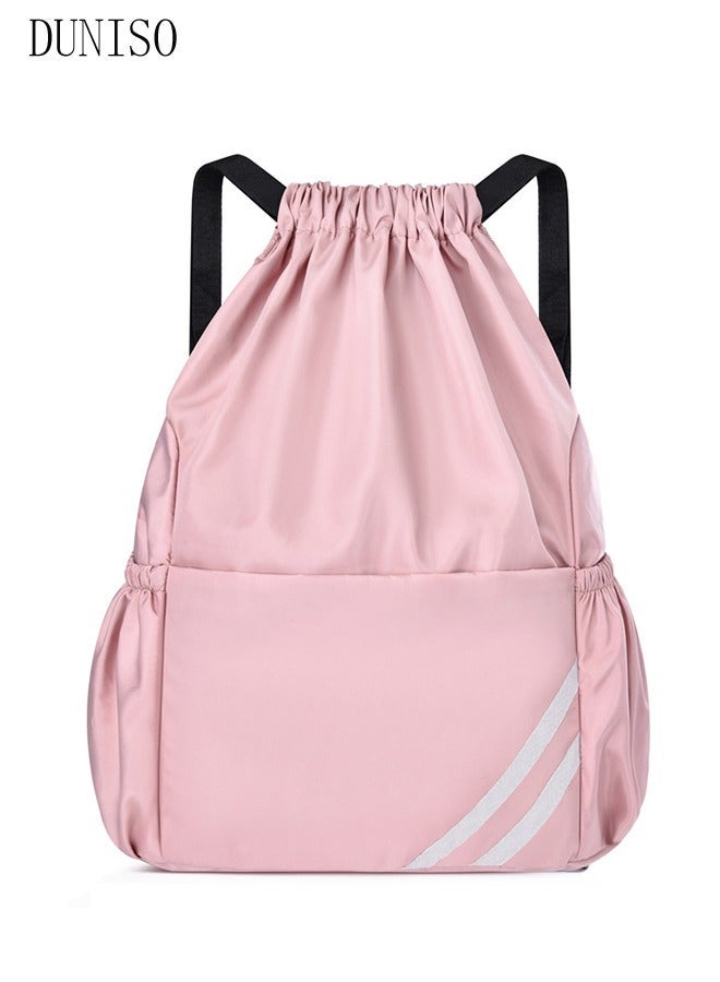DUNISO Large Capacity  Drawstring Bag With Reflective Marking, Multifunctional Waterproof Casual Bags,Abrasion Resistant Shoulders Bag ,For Gym,Travel,Pink - Image 1