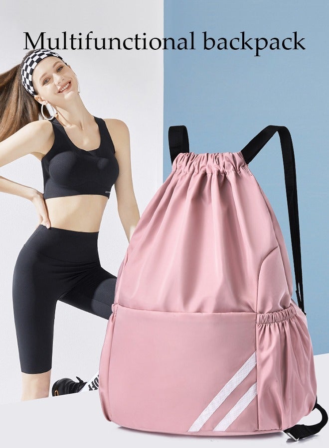 DUNISO Large Capacity  Drawstring Bag With Reflective Marking, Multifunctional Waterproof Casual Bags,Abrasion Resistant Shoulders Bag ,For Gym,Travel,Pink - Image 4