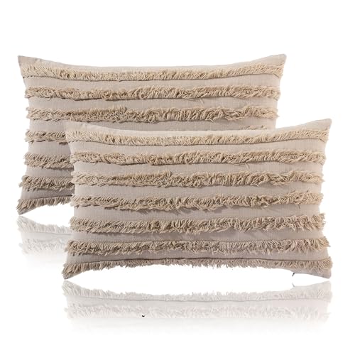 mosey 12x18 Cushion Covers Set of 2 | 100% Cotton Rectangle Cushion Covers for Sofa, Bed | Boho Rectangular Shape Cushion Covers 12 inch x 18 inch Taupe - Image 1