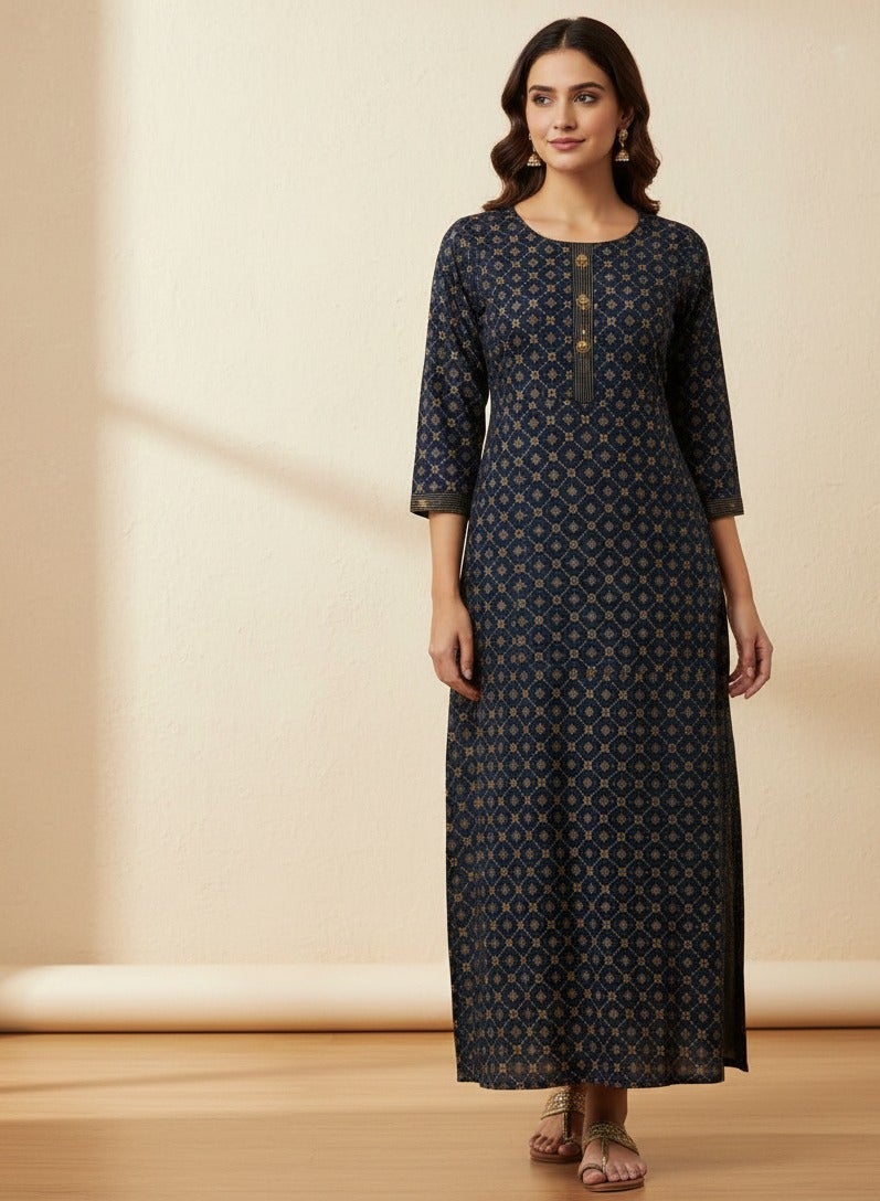 Grace Elegant Navy Blue Ethnic Printed Straight Kurta for Women - Image 1