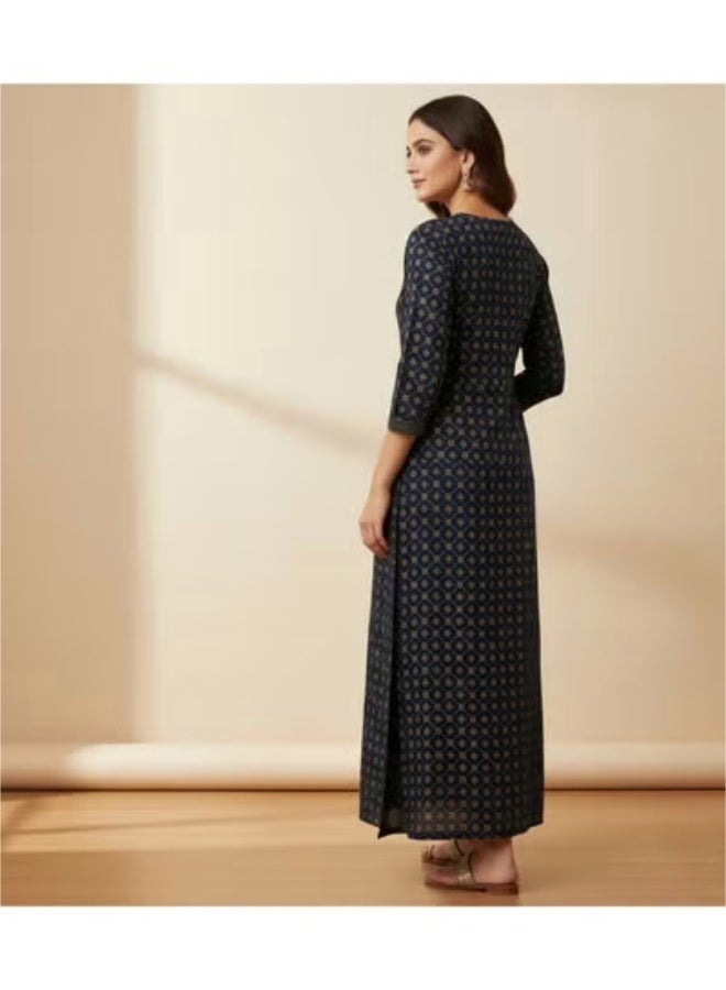 Grace Elegant Navy Blue Ethnic Printed Straight Kurta for Women - Image 4