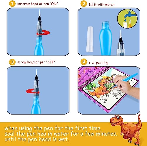 hapray Magic Water Paint Coloring Books for Toddler, Art Toys Age 2-4, Educational Learning Doodle Toy, Gifts for Girl Boy 3 2 1+ Year (Dinosaur Animal 2 Pack) - Image 3