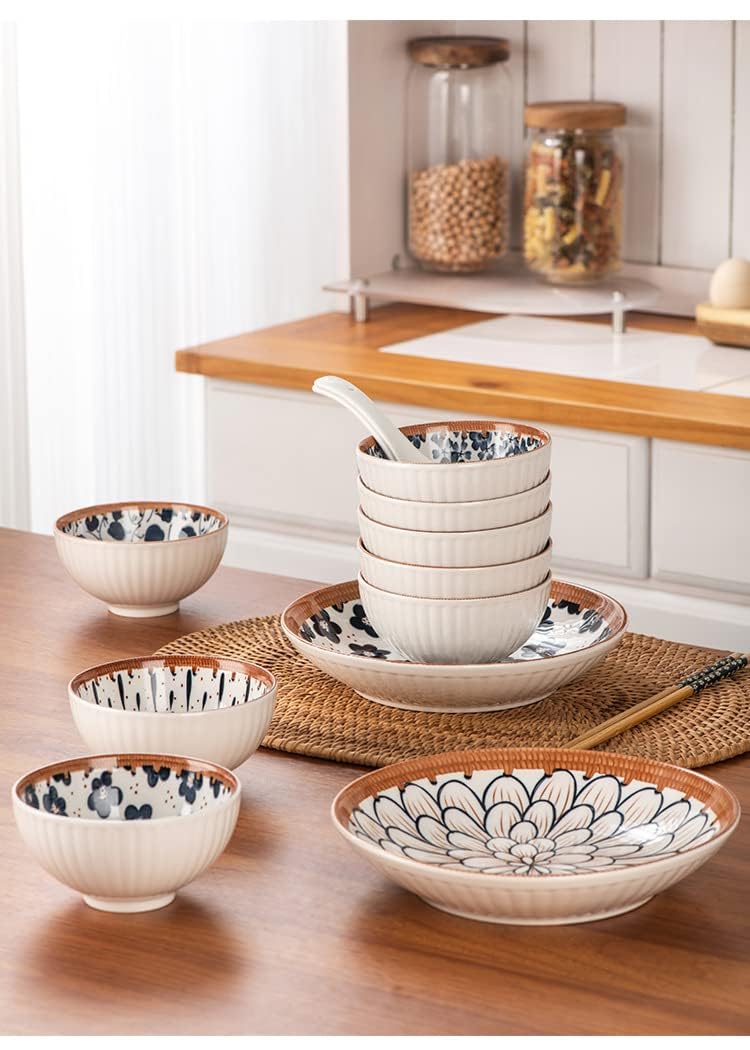 KASQUE Ceramic Japanese Style Rice Bowls with Gift Box Set Assorted Dinner Serving Ramen Bowls Plates Spoons Chopstick for Cereal Soup Dessert Snack Fruit Salsa Set of 14 - Image 2