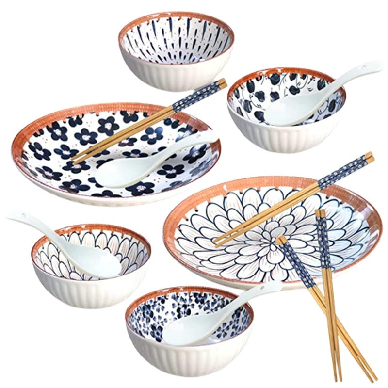 KASQUE Ceramic Japanese Style Rice Bowls with Gift Box Set Assorted Dinner Serving Ramen Bowls Plates Spoons Chopstick for Cereal Soup Dessert Snack Fruit Salsa Set of 14 - Image 1