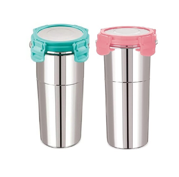 STAINLESS STEEL LEAK PROOF CLICK AND SEAL LOCK AIR TIGHT TIFFIN LUNCH CONTAINER GLASS RUSTFREE EASY GRIP EASY TO CARRY TRAVEL FUSION 2 600ML