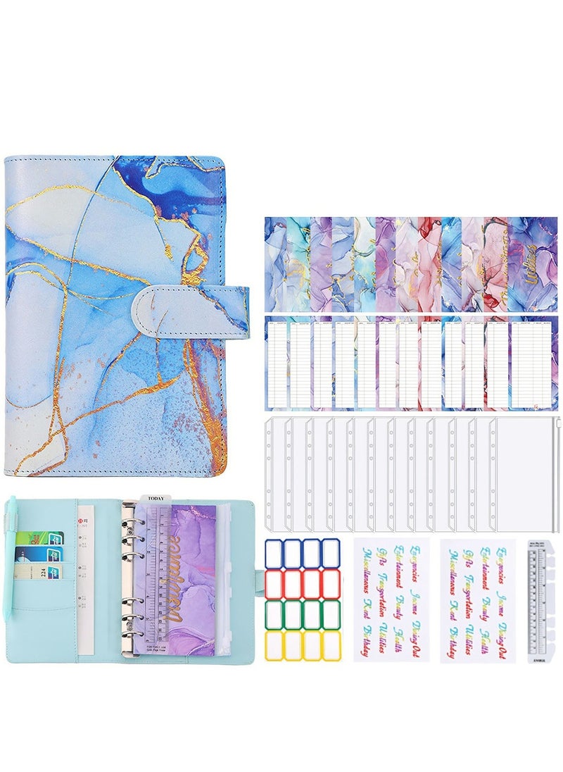 SYOSI Budget Binder with Zipper Envelopes, Cash Envelopes for Budgeting, A6 PU Leather Budget Binder Planner with 12 Pcs Clear Zipper Envelopes, 12 Pcs Budget Sheets for Budgeting, Saving Money(Azure)  - Image 1