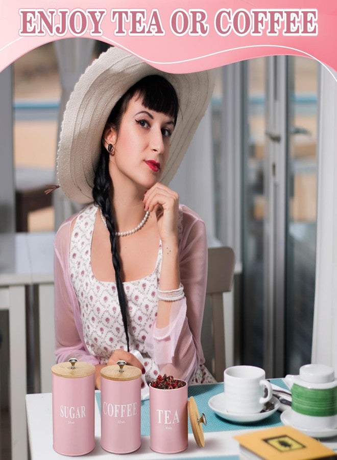 Blushtier مجموعة علب تخزين مطبخ وردية اللون من بلاشتير، ثلاث قطع، مصنوعة من المعدن، لحفظ الشاي والقهوة والسكر، مع أغطية محكمة الإغلاق من الخيزران. مثالية لتخزين الطعام، وتناسب أسطح البارات، وديكورات المطابخ الريفية. متوفرة بأحجام 6، 12، و24 أونصة. - Image 5