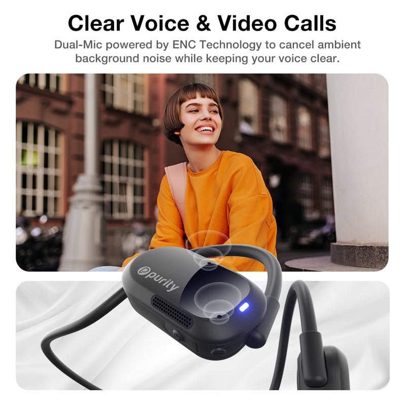 Purity Air Open Ear Headphones - True Air Conduction Wireless Bluetooth Open Ear Earbuds with Dual Mic for iPhone/Android - Secured Long Wearing Comfort, Sports Sweat Resistant (Black/Black) - Image 4