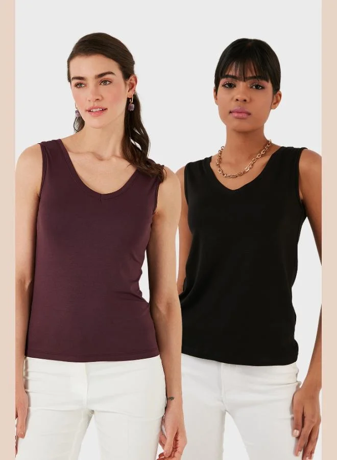 ليلا بلوزة نسائية ليلا بقصة ضيقة وياقة على شكل حرف  وأشرطة سميكة عبوة من قطعتين