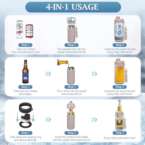 MAXSO Sealed Can Cooler Fizz Lid Can Cover for 12 oz Regular, Slim Skinny Cans & As Thermal Bottle, 4-in-1 Insulated Vacuum Stainless Steel Carbonated Cold Drink Holder - Oat - Image 4