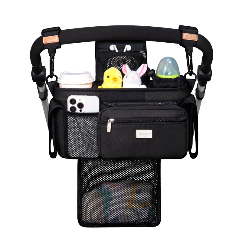 TOPDesign Universal Baby Stroller Organizer, Stroller Caddy with Detachable Mesh Bag & Heightened Insulated Cup Holders & Non-Slip Secure Hooks Accessories, Fits Most Strollers (Black) - Image 1
