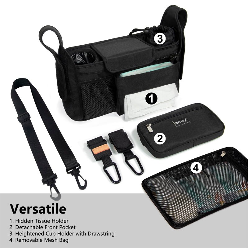 TOPDesign Universal Baby Stroller Organizer, Stroller Caddy with Detachable Mesh Bag & Heightened Insulated Cup Holders & Non-Slip Secure Hooks Accessories, Fits Most Strollers (Black) - Image 2