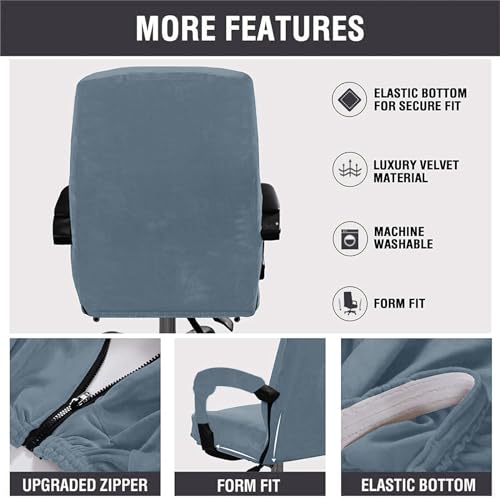 GOWT Velvet Plush Office Desk Chair Cover - Cat Proof Stretchable Elastic Comfy Protector for Ergonomic Office Chair with Wheels and Armrests, Fits Mesh and Executive Computer Chairs, Gray Blue, XL - Image 5