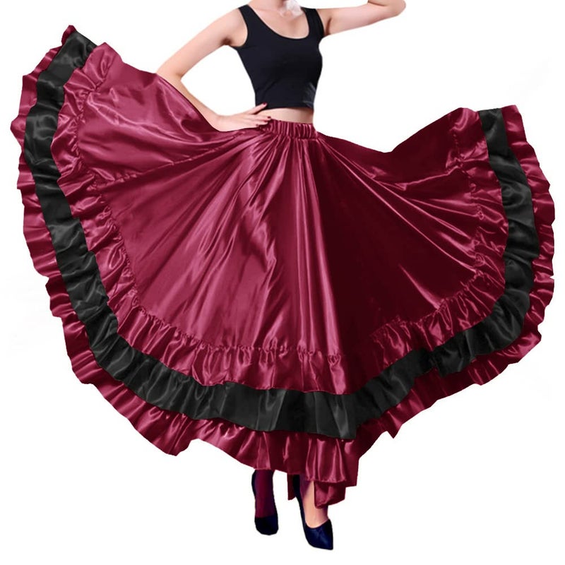 BACKGARDEN Women Black Red Layers Satin Long Skirt for Spanish Flamenco Belly Dance Mexico Ballet Folklorico Performance
