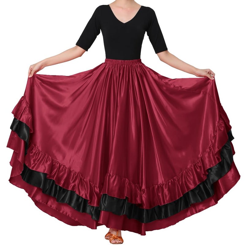 Backgarden Women Black Red Layers Satin Long Skirt for Spanish Flamenco Belly Dance Mexico Ballet Folklorico Performance - Image 1