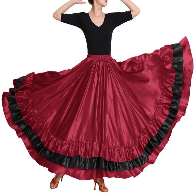 Backgarden Women Black Red Layers Satin Long Skirt for Spanish Flamenco Belly Dance Mexico Ballet Folklorico Performance - Image 2