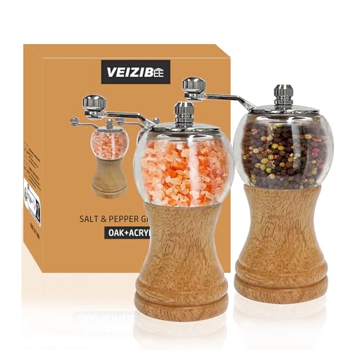 VEIZIBEE Salt and Pepper Grinder Set Manual Pepper Mill Set Classical Hand Shake Wooden Salt Mill Acrylic Ceramic Blades Upgrade Metal Handle, Enjoy Pepper Salt Various Spices (Burlywood 2pcs-5in) - Image 1