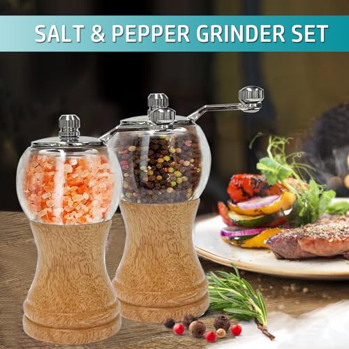 VEIZIBEE Salt and Pepper Grinder Set Manual Pepper Mill Set Classical Hand Shake Wooden Salt Mill Acrylic Ceramic Blades Upgrade Metal Handle, Enjoy Pepper Salt Various Spices (Burlywood 2pcs-5in) - Image 5