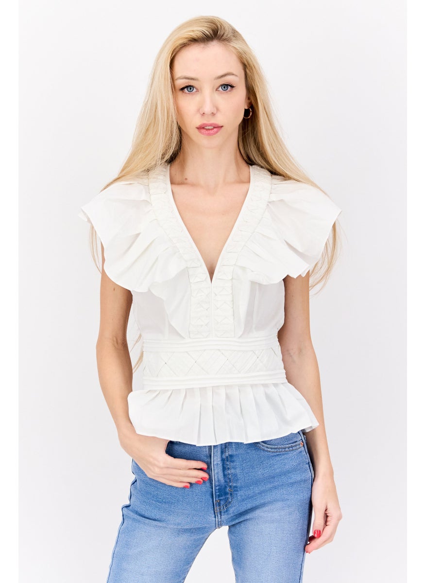 Women V-Neck Ruffle Sleeve Textured Top, White - pzsku/ZF151960E66FA725F742FZ/45/_/1737641845/72be10b0-849e-4ae8-be33-e35b17b41d89