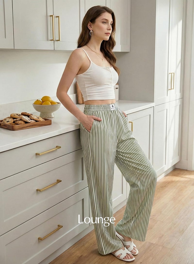 EVALESS Striped Pants for Women Spring Summer 2026 Comfy Pajama Pants High Waist Wide Leg Lounge Pants Patched Y2K Casual Trousers Lightweight PJ Bottoms with Pockets Green Stripe Small - Image 5