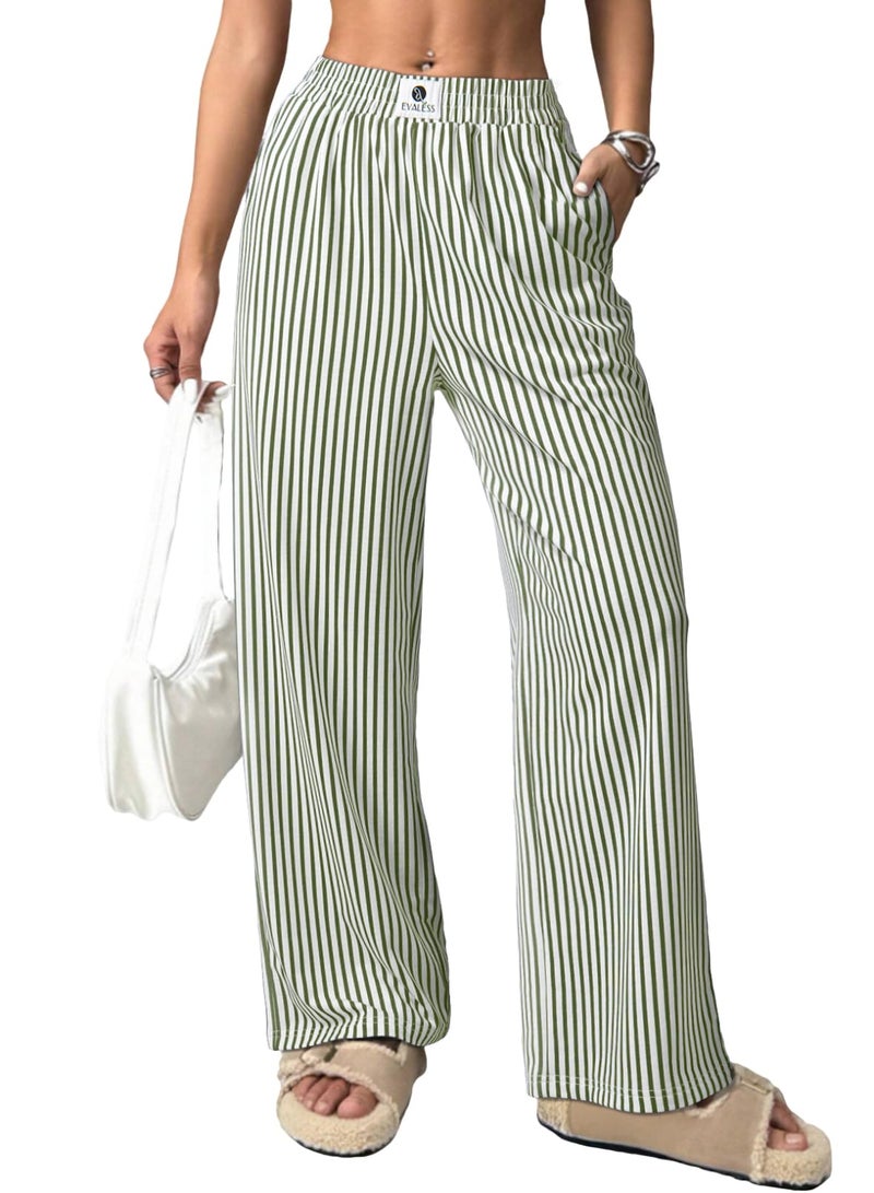 EVALESS Striped Pants for Women Spring Summer 2026 Comfy Pajama Pants High Waist Wide Leg Lounge Pants Patched Y2K Casual Trousers Lightweight PJ Bottoms with Pockets Green Stripe Small - Image 1