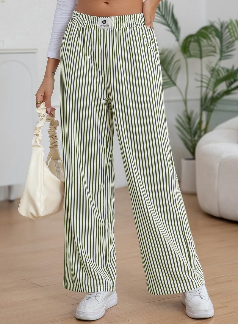 EVALESS Striped Pants for Women Spring Summer 2026 Comfy Pajama Pants High Waist Wide Leg Lounge Pants Patched Y2K Casual Trousers Lightweight PJ Bottoms with Pockets Green Stripe Small - Image 2