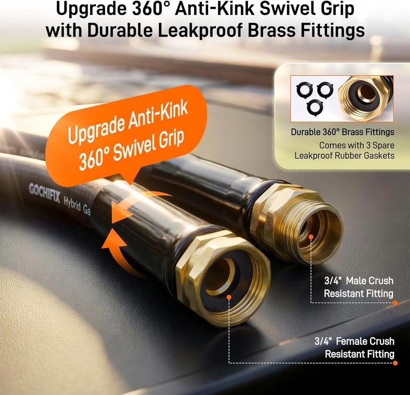 خرطوم حديقة، 25 قدم 5/8 بوصة خرطوم ماء مطاطي ثقيل، ضغط انفجار 550 PSI، موصلات دوارة مضادة للالتواء 360 درجة، مرن لجميع الأحوال الجوية، توصيلات نحاسية ذكر إلى أنثى 3/4 بوصة مانعة للتسرب - Image 4