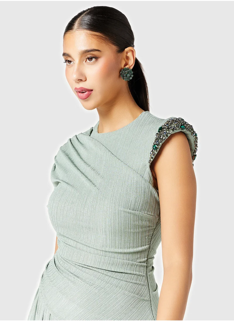 Threadz by Ajooni Asymmetric Gathered Shoulder Embellished Dress