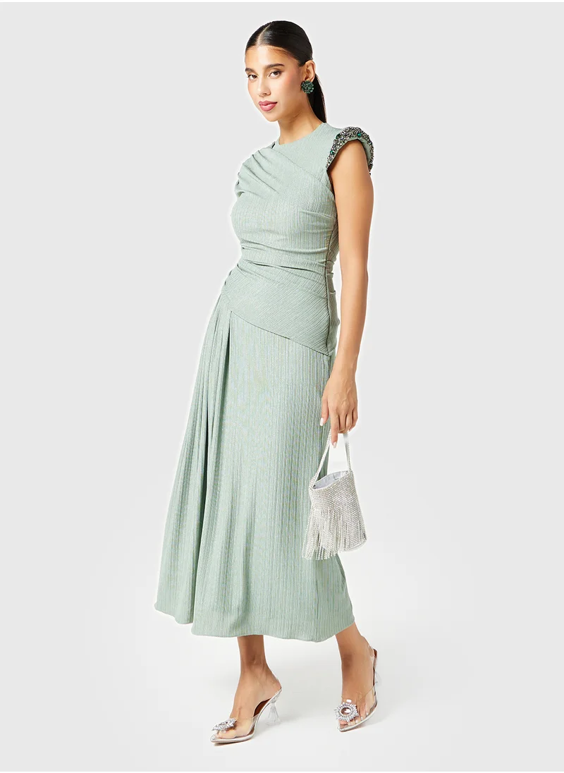 Threadz by Ajooni Asymmetric Gathered Shoulder Embellished Dress