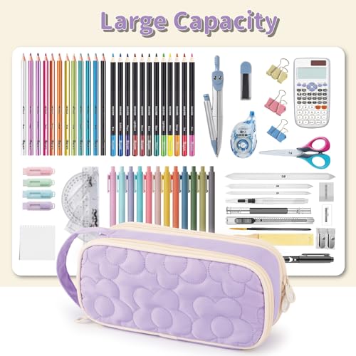 Bunnychill Pencil Case For Girls,Flower Quilted Large Capacity Pencil Pouch With 2 Compartment, Zipper Pencil Bag With Handle, Women Soft Pencil Box For Middle School Office College - Image 3