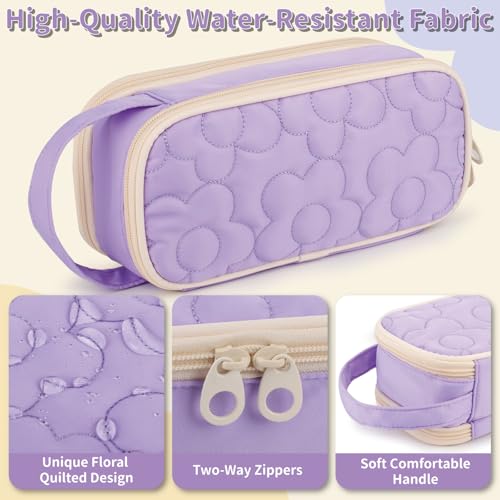 Bunnychill Pencil Case For Girls,Flower Quilted Large Capacity Pencil Pouch With 2 Compartment, Zipper Pencil Bag With Handle, Women Soft Pencil Box For Middle School Office College - Image 5