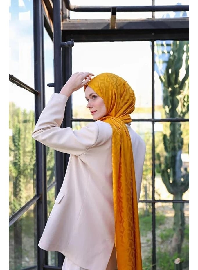Soft Silky Jacquard Hijab Shawl with Drop Pattern in Mustard Yellow – Cotton-Viscose Blend - Image 3