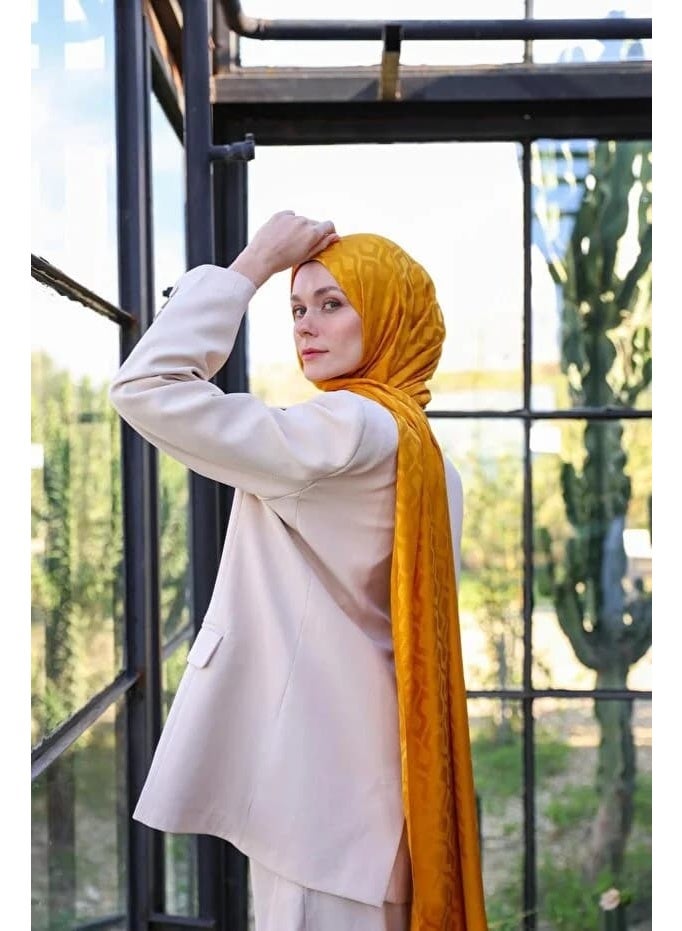 Soft Silky Jacquard Hijab Shawl with Drop Pattern in Mustard Yellow – Cotton-Viscose Blend - Image 2