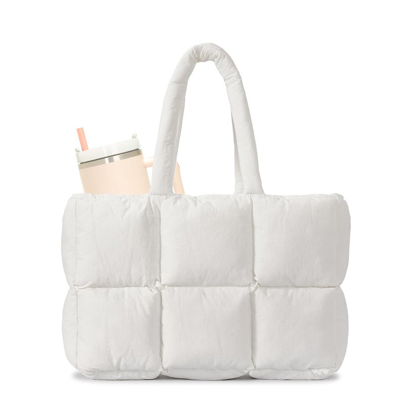Herald Puffer Tote Bag for Women, Large Quilted Puffy Handbag Lightweight Satchel Purse with Cup Holder & Compartment (White) - Image 1