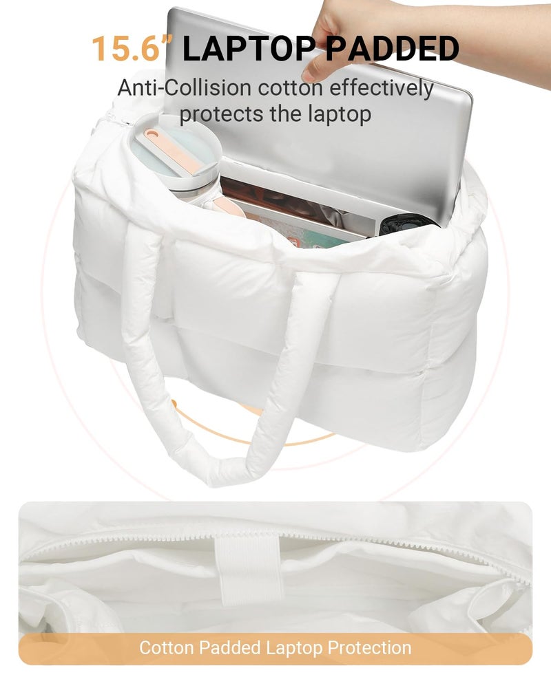 Herald Puffer Tote Bag for Women, Large Quilted Puffy Handbag Lightweight Satchel Purse with Cup Holder & Compartment (White) - Image 2