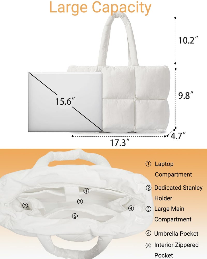 Herald Puffer Tote Bag for Women, Large Quilted Puffy Handbag Lightweight Satchel Purse with Cup Holder & Compartment (White) - Image 5
