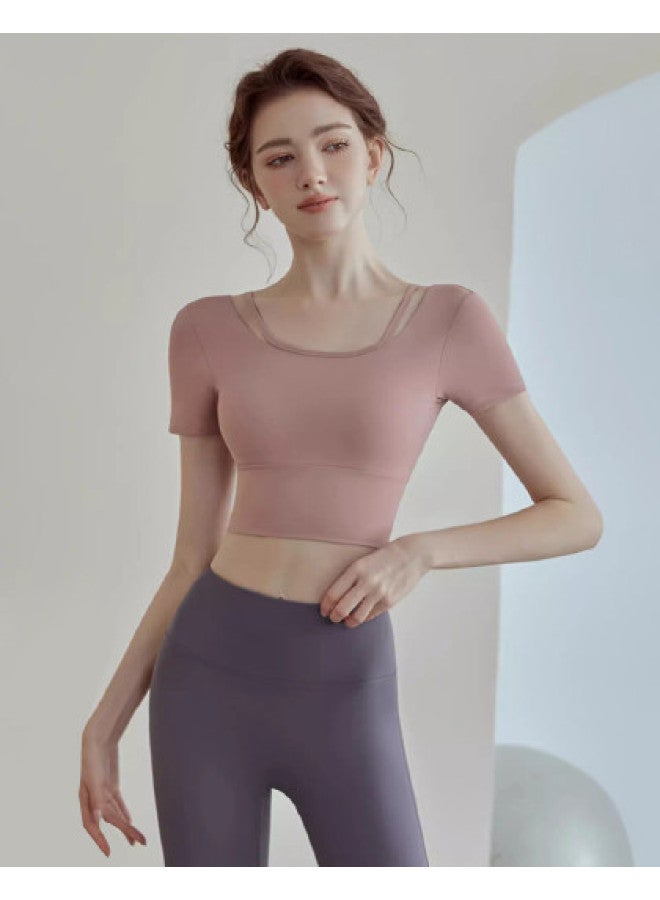 YouYou Yoga Sports Top Summer Women's Fixed Cup With Bra Pads Pilates Training Wear Slim-fit Short Sleeve Sports Top - Image 1