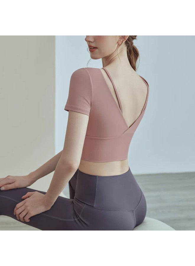 YouYou Yoga Sports Top Summer Women's Fixed Cup With Bra Pads Pilates Training Wear Slim-fit Short Sleeve Sports Top - Image 4