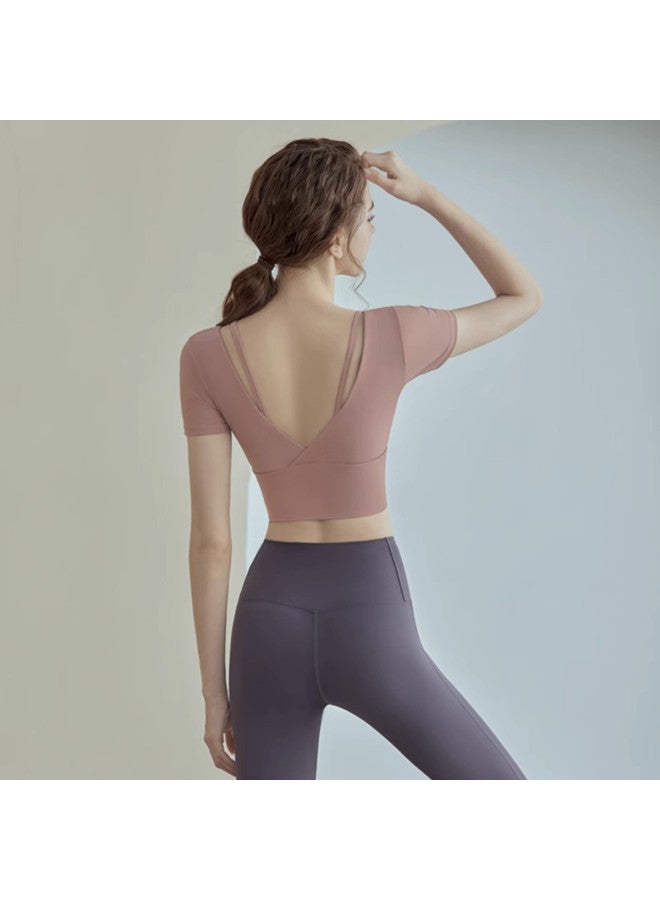 YouYou Yoga Sports Top Summer Women's Fixed Cup With Bra Pads Pilates Training Wear Slim-fit Short Sleeve Sports Top - Image 5