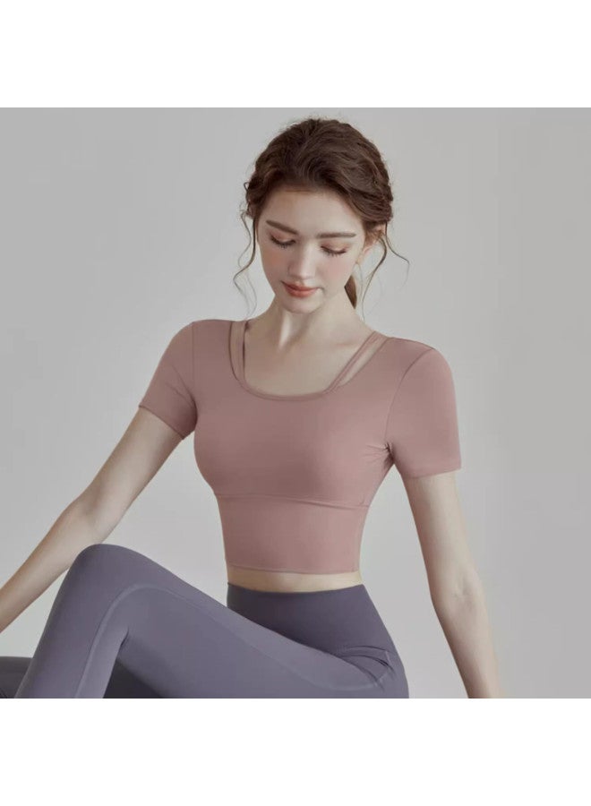 YouYou Yoga Sports Top Summer Women's Fixed Cup With Bra Pads Pilates Training Wear Slim-fit Short Sleeve Sports Top - Image 3
