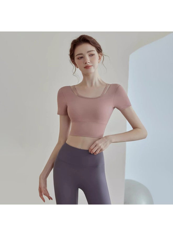 YouYou Yoga Sports Top Summer Women's Fixed Cup With Bra Pads Pilates Training Wear Slim-fit Short Sleeve Sports Top - Image 2
